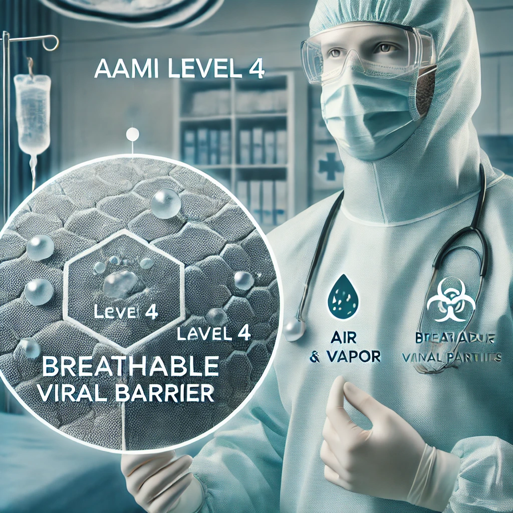 Breathable viral barrier AAMI Level 4 fabric used in medical coverall.
